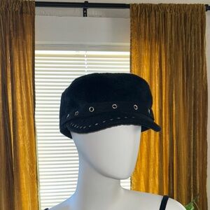 Urban Outfitters Black Faux Fur Cadet Cap with Eyelet Trim